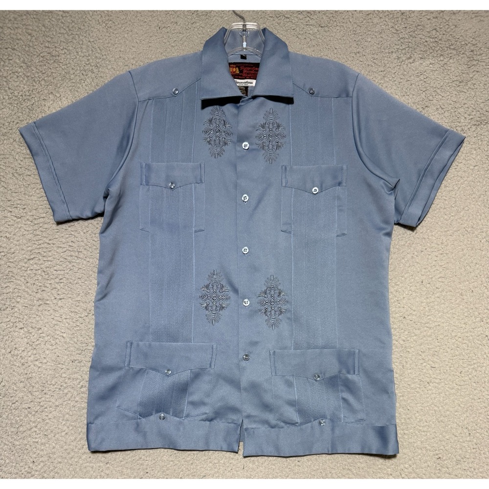 Authentic Guayaberas Yucateca Copacabana Guayabera shirt Size Small Blue Mexico